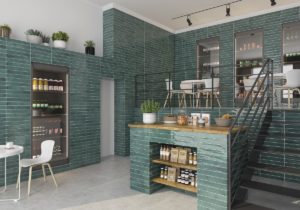kitchen with green ceramic handmade look tile 