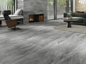 living room with marble look porcelain tiles