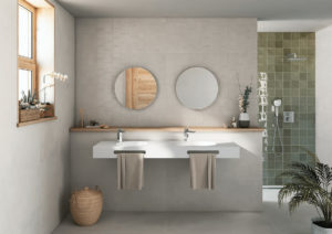 bathroom with green backsplash ceramic 