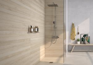 bathroom with textured wood look tile 