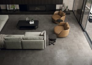 living room with gray porcelain stone look tile 