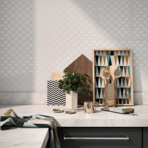 Kitchen counter with white lantern ceramic wall tile 