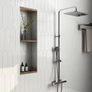 bathroom shower wall with white ceramic wall tile