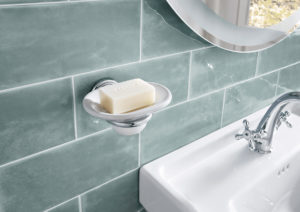 bathroom with light blue backsplash ceramic 