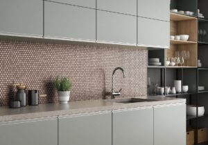 kitchen backsplash with rose gold penny round mosaic tile