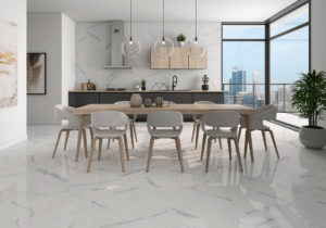 kitchen with marble look porcelain tile 
