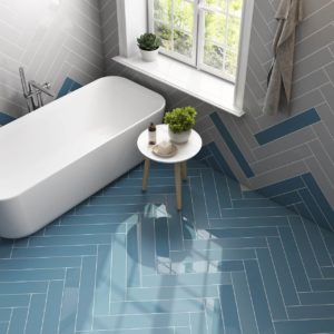 Bathroom with blue and gray glossy and matte porcelain tile 