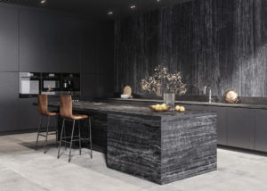 kitchen with black marble look tile 