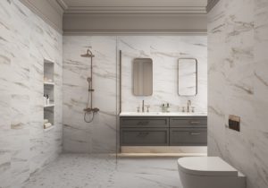 bathroom with marble look porcelain tile