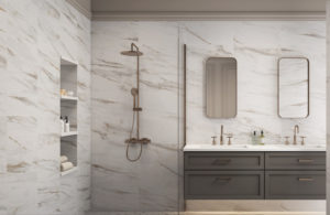 Bathroom with white marble look porcelain tile