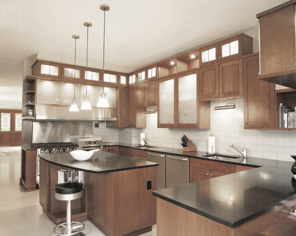 kitchen with handmade look white tile and stone look porcelain tile