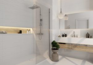 shower with white textured tile and porcelain wood look tile