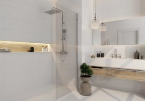 bathroom with wood look and textured ceramic tile