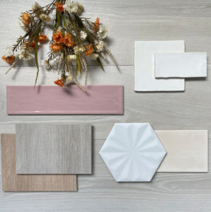 mood board with white wood look porcelain tile 