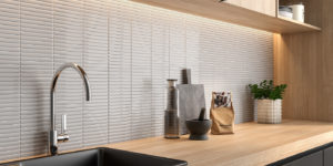 kitchen backsplash with gray stacked mosaic