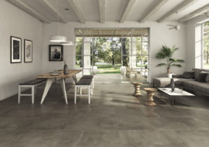dining room with gray stone look porcelain tile 