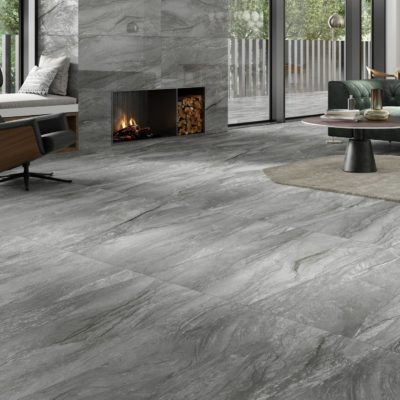 living room with marble look porcelain tiles