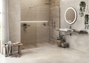 bathroom with stone look beige porcelain tiles