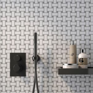 wall with white and gray mosaic tiles