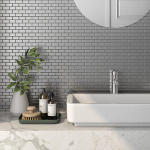Bathroom wall with silver brick shape porcelain tile mosaic