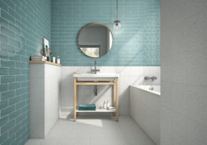 bathroom with small terrazzo look tile