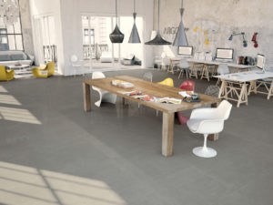 room scene with porcelain gray industrial floor tile