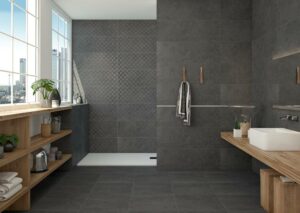 bathroom with gray stone look porcelain tile