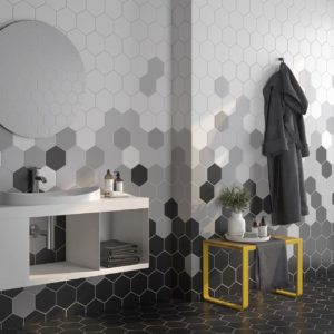 Bathroom with black gray and white hexagon porcelain tile