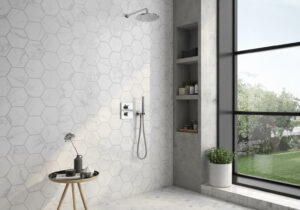 shower with hexagon shape marble look tile