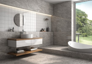 bathroom with stone look gray porcelain tile