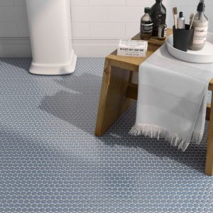 Bathroom floor with sky blue penny round mosaic porcelain tile 