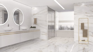bathroom with marble look porcelain large tile