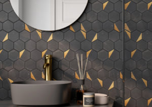 bathroom wall with black natural stone mosaics