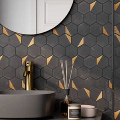 bathroom wall with black natural stone mosaics