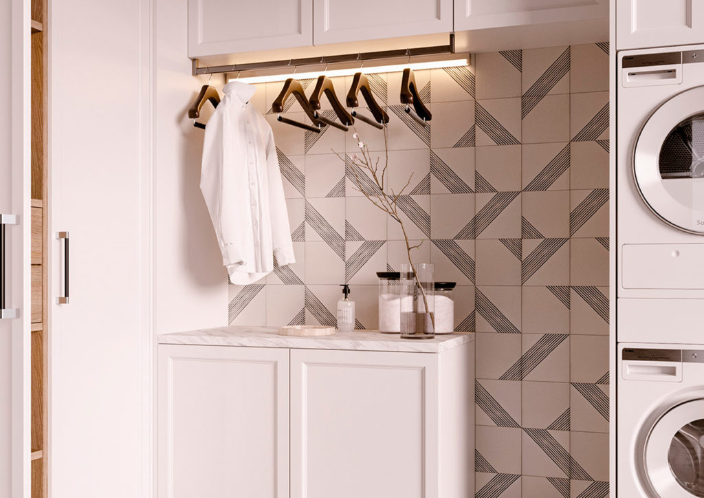 room with white and blue deco tiles