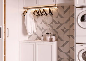 room with white and blue deco tiles