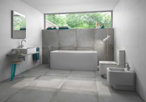 bathroom with gray porcelain industrial look tiles