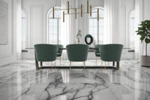 dining room with porcelain marble look tile