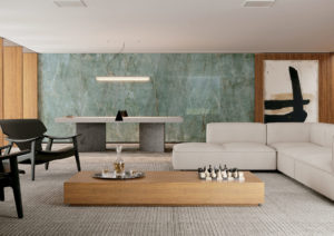 living room with green porcelain marble look tile