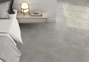 bedroom floor with gray porcelain industrial look tile
