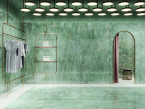 Closet with green marble look porcelain tiles