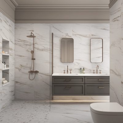 bathroom with marble look porcelain tile