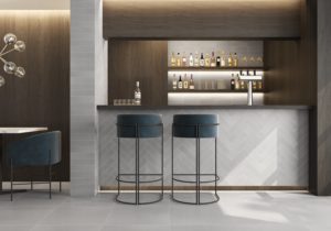 bar with gray stone look porcelain tile