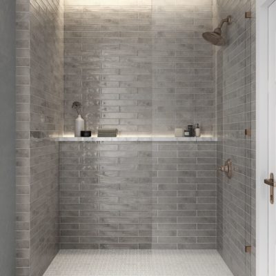 bathroom shower with gray ceramic wall tile