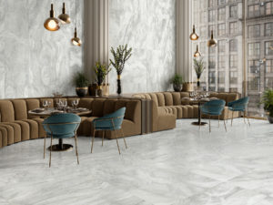 area with white marble look porcelain tile