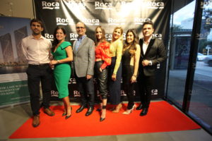 Guests speakers and moderator with some members of the Roca Tile USA Board of Directors in red carpet of networking event