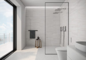 bathroom with white marble look tile 