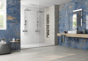 Bathroom with blue marble look porcelain tiles