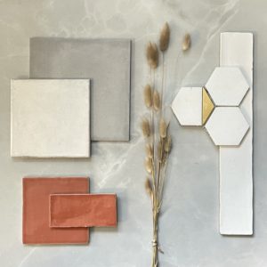flat lay with porcelain and ceramic tile 