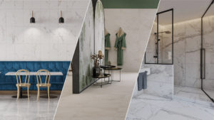 roomscenes with marble and stone look porcelain tiles